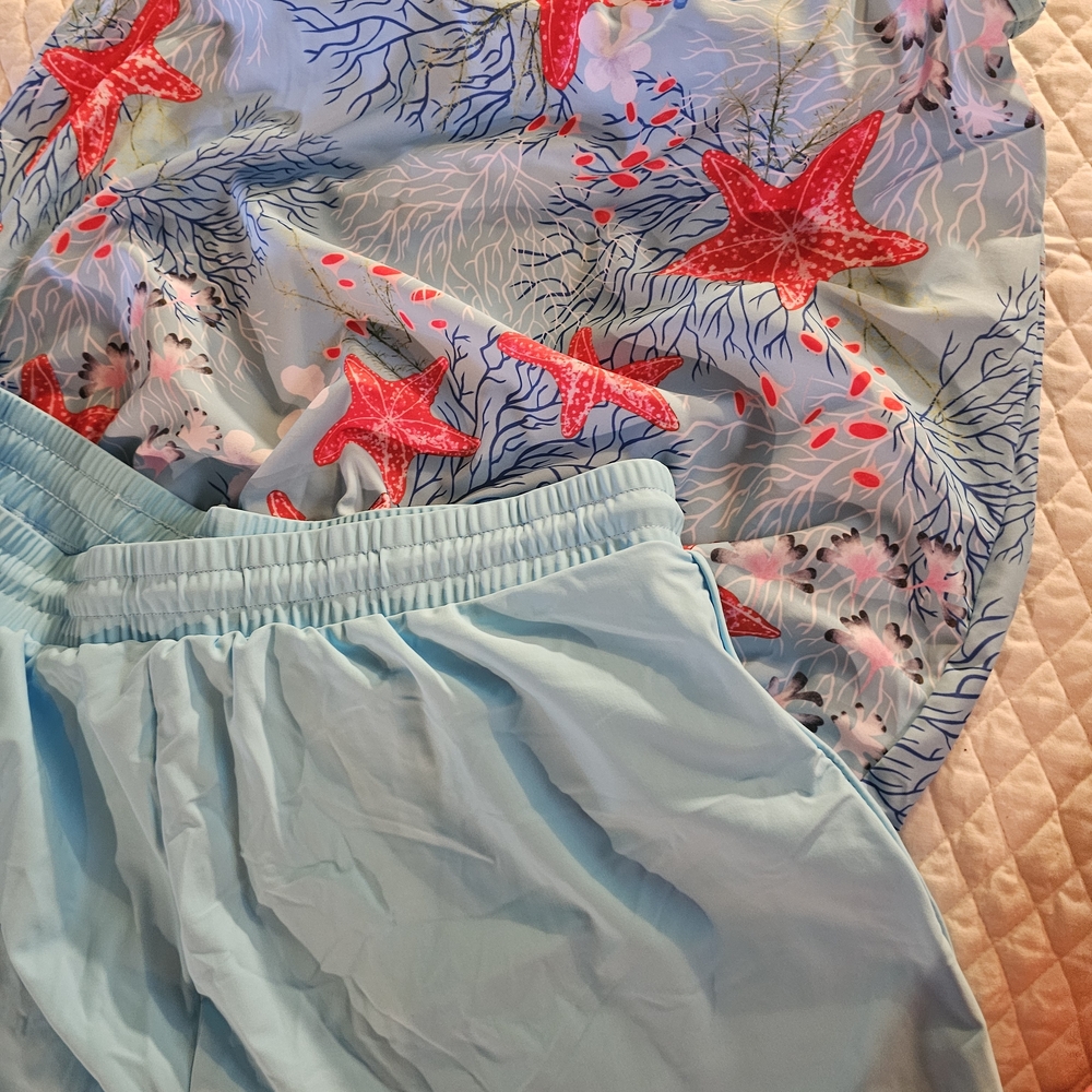 Light Blue Starfish Print Suit Is Not A Bikini, It Is A 2 Piece